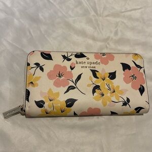 kate spade Cream Floral Zip Wallet with Pink and Yellow Blooms
